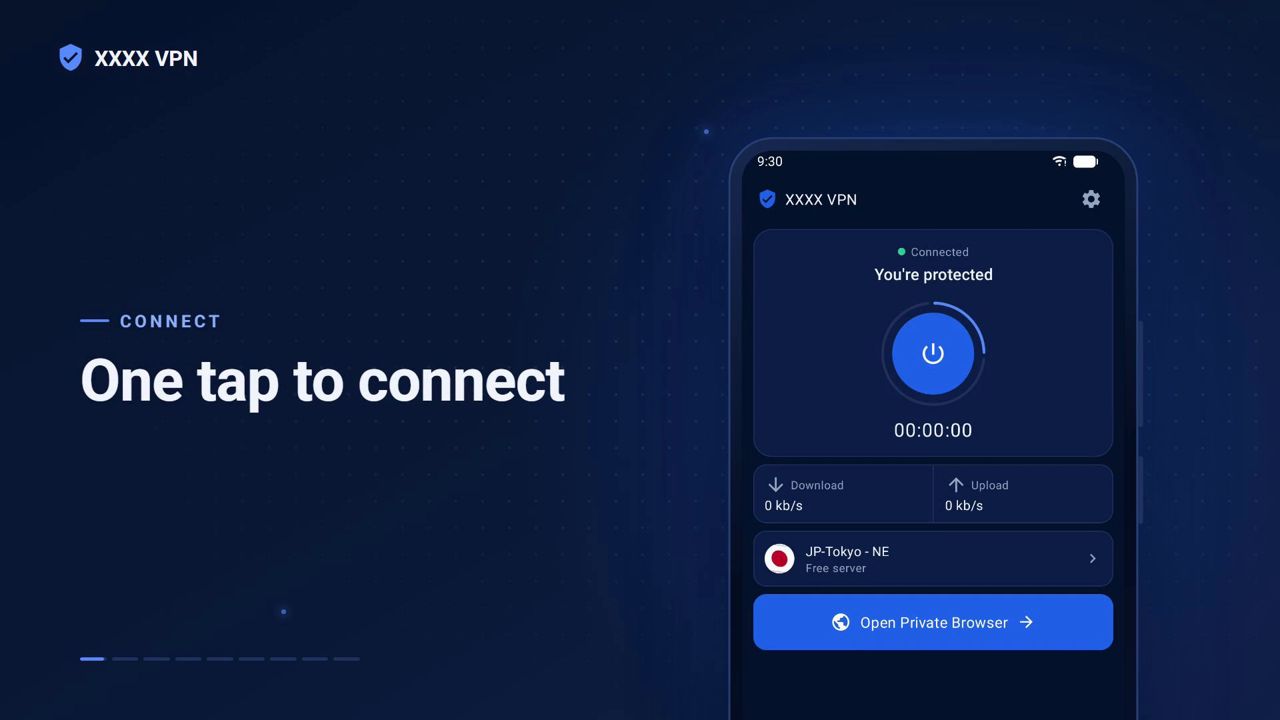 Home screen, connected, with the power button and connection timer