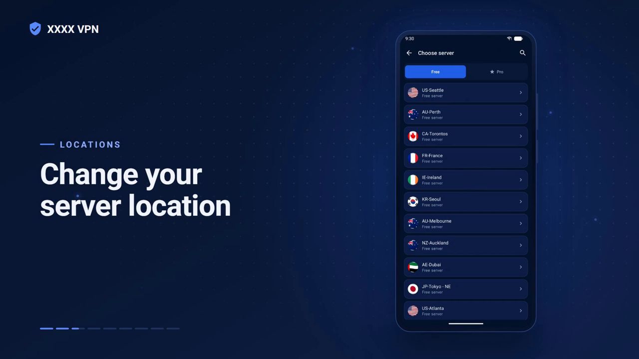 Server list with Free and Pro tabs and country search